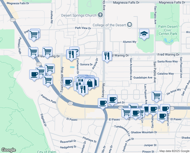 map of restaurants, bars, coffee shops, grocery stores, and more near 72883 Sierra Vista Drive in Palm Desert