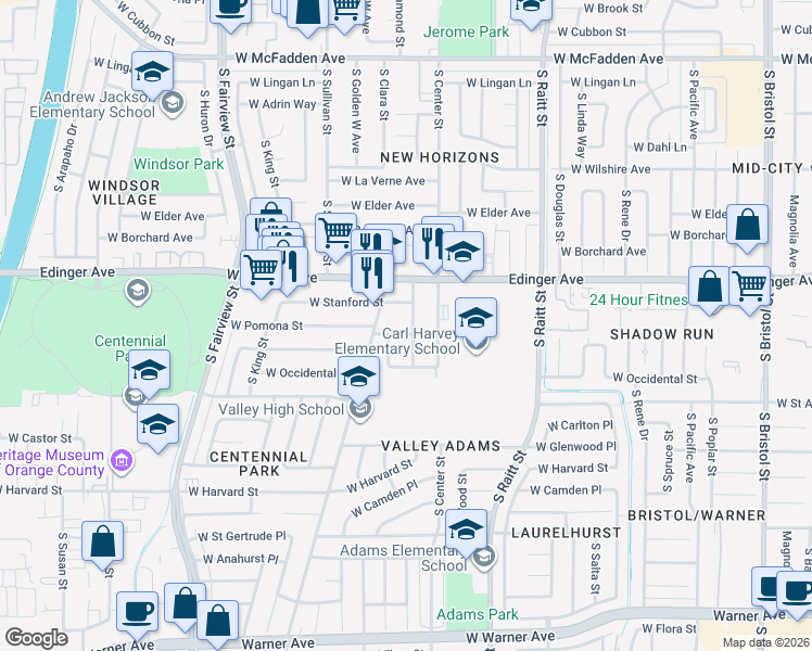 map of restaurants, bars, coffee shops, grocery stores, and more near 2306 West Stanford Street in Santa Ana