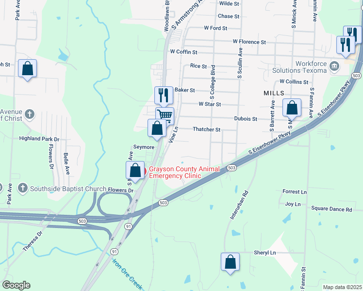 map of restaurants, bars, coffee shops, grocery stores, and more near 1210 Amsden Circle in Denison
