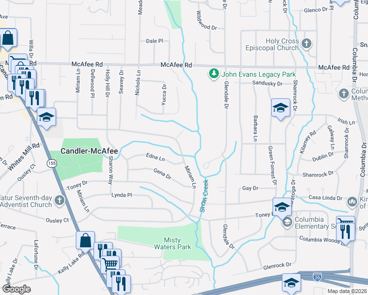 map of restaurants, bars, coffee shops, grocery stores, and more near 2386 Miriam Lane in Decatur