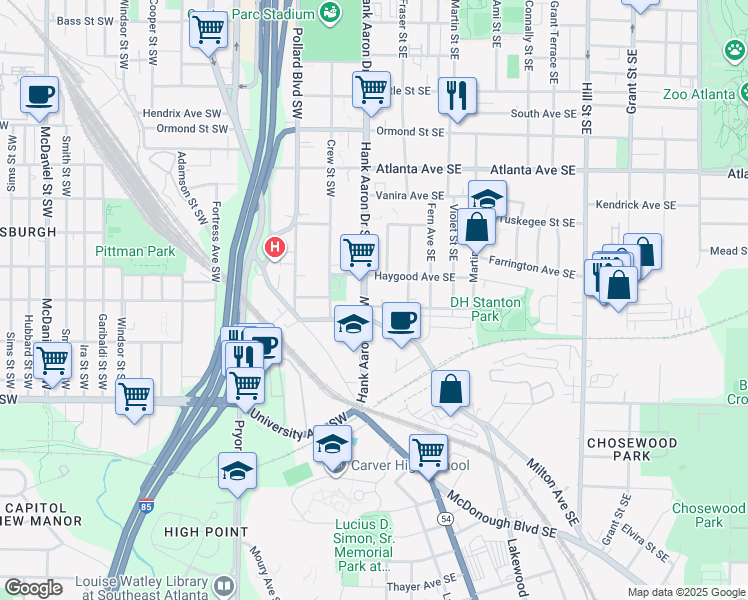 map of restaurants, bars, coffee shops, grocery stores, and more near 1056 Hank Aaron Drive Southwest in Atlanta