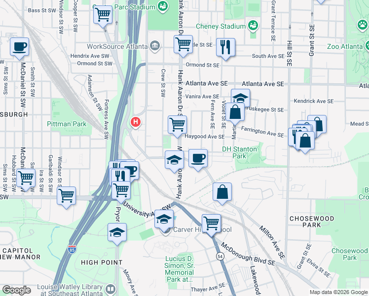 map of restaurants, bars, coffee shops, grocery stores, and more near 1056 Hank Aaron Drive Southwest in Atlanta