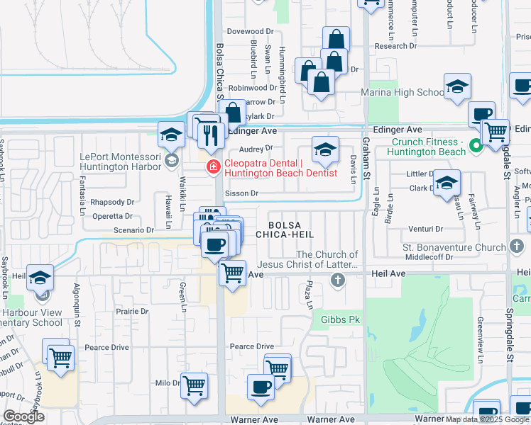 map of restaurants, bars, coffee shops, grocery stores, and more near 16444 Bolsa Chica Street in Huntington Beach