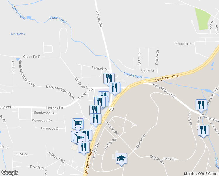 map of restaurants, bars, coffee shops, grocery stores, and more near 302 Glade Rd E in Anniston