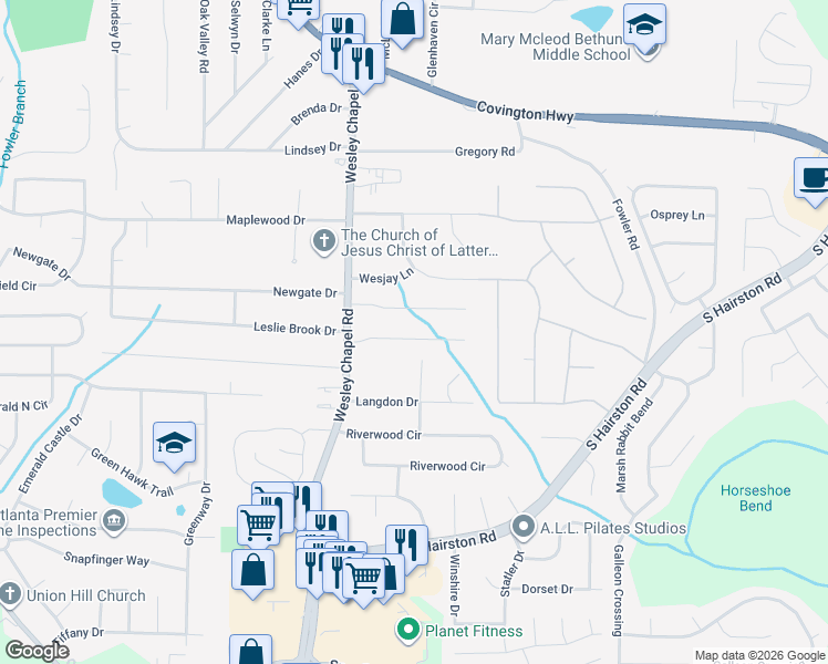 map of restaurants, bars, coffee shops, grocery stores, and more near 4362 Wesley Meadows Drive in Decatur