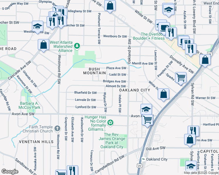 map of restaurants, bars, coffee shops, grocery stores, and more near 1294 Almont Drive Southwest in Atlanta