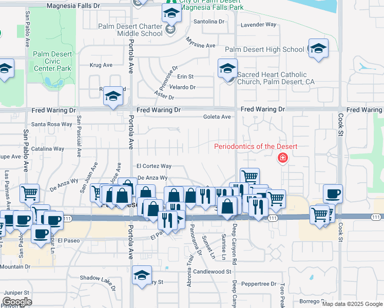 map of restaurants, bars, coffee shops, grocery stores, and more near 44440 Silver Canyon Lane in Palm Desert