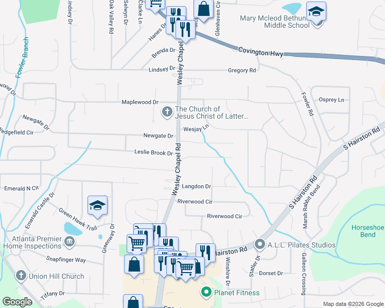 map of restaurants, bars, coffee shops, grocery stores, and more near 4322 Wesley Meadows Drive in Decatur