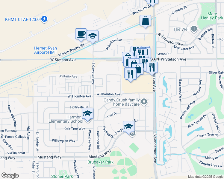 map of restaurants, bars, coffee shops, grocery stores, and more near 3851 Vicksburg Court in Hemet