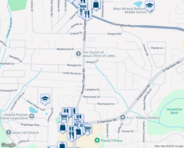 map of restaurants, bars, coffee shops, grocery stores, and more near 4322 Wesley Meadows Drive in Decatur