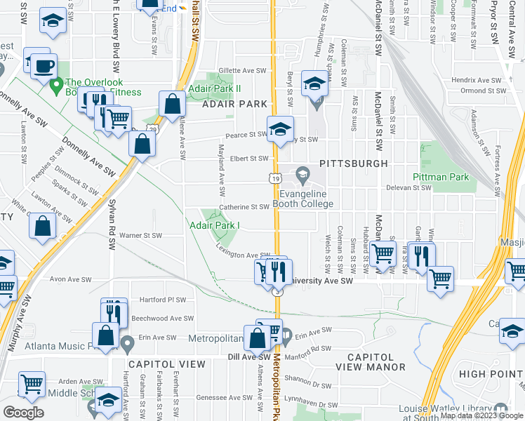 map of restaurants, bars, coffee shops, grocery stores, and more near 646 Catherine Street Southwest in Atlanta