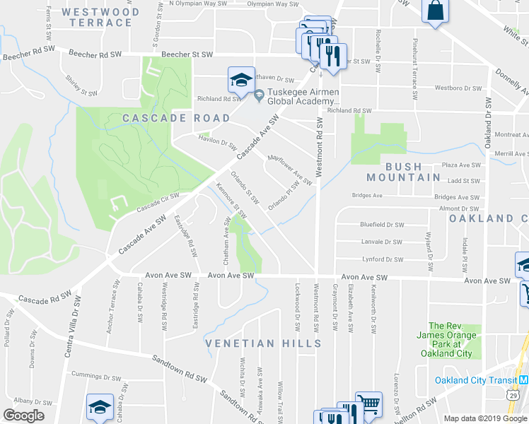 map of restaurants, bars, coffee shops, grocery stores, and more near 1099 Orlando Place Southwest in Atlanta