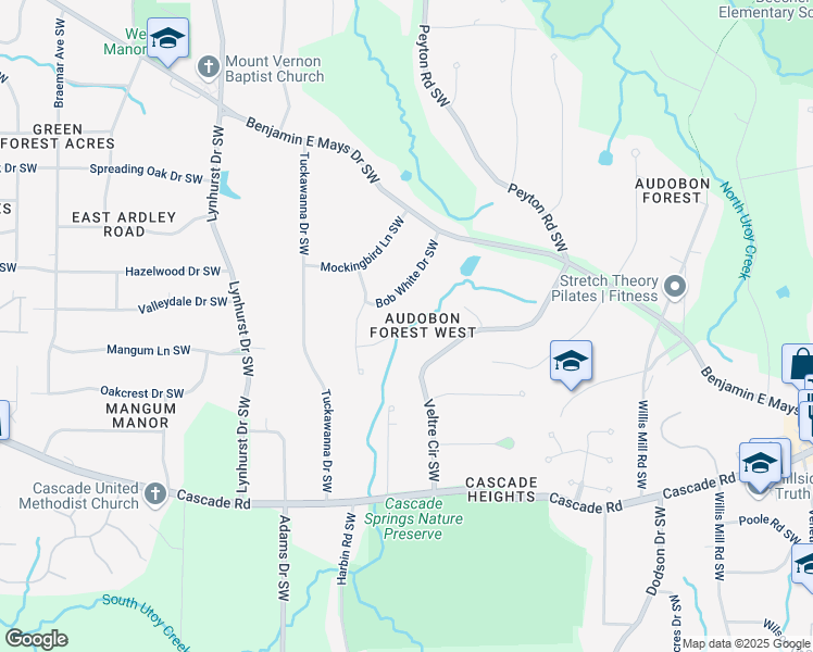 map of restaurants, bars, coffee shops, grocery stores, and more near 2851 Sandpiper Cir SW in Atlanta