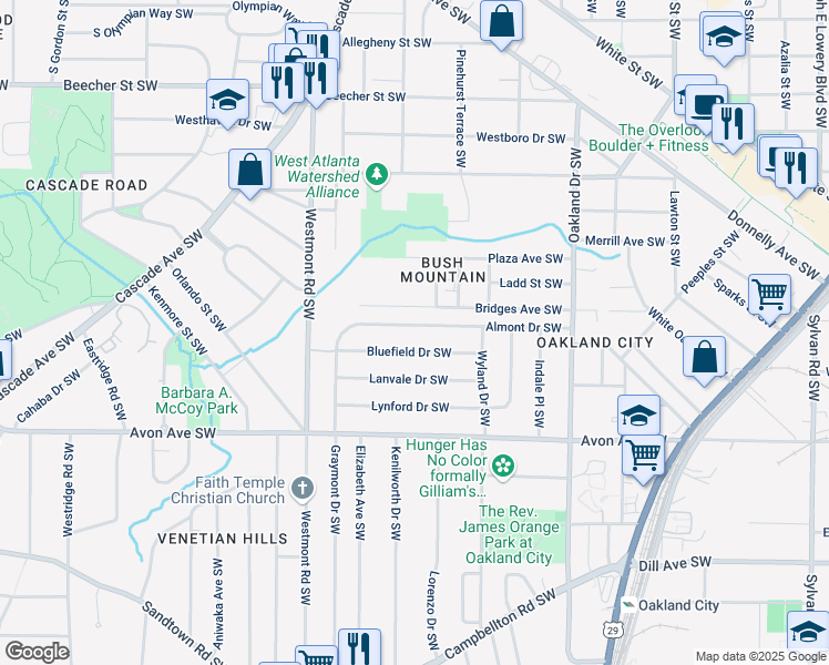map of restaurants, bars, coffee shops, grocery stores, and more near 1390 Almont Drive Southwest in Atlanta