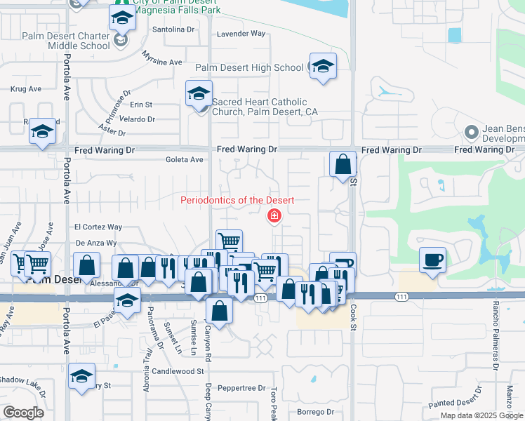 map of restaurants, bars, coffee shops, grocery stores, and more near 44509 Baden Court in Palm Desert