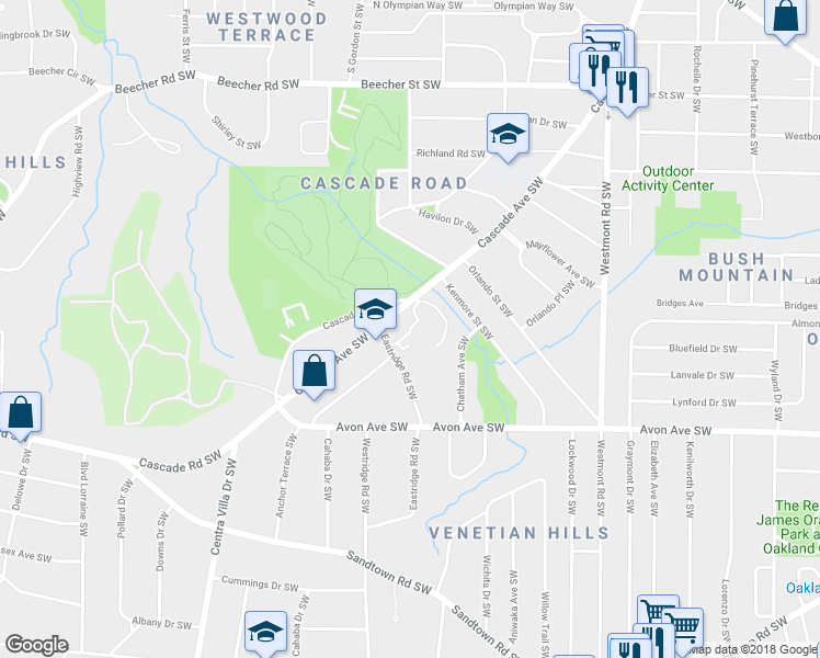 map of restaurants, bars, coffee shops, grocery stores, and more near Belmonte Circle Southwest in Atlanta