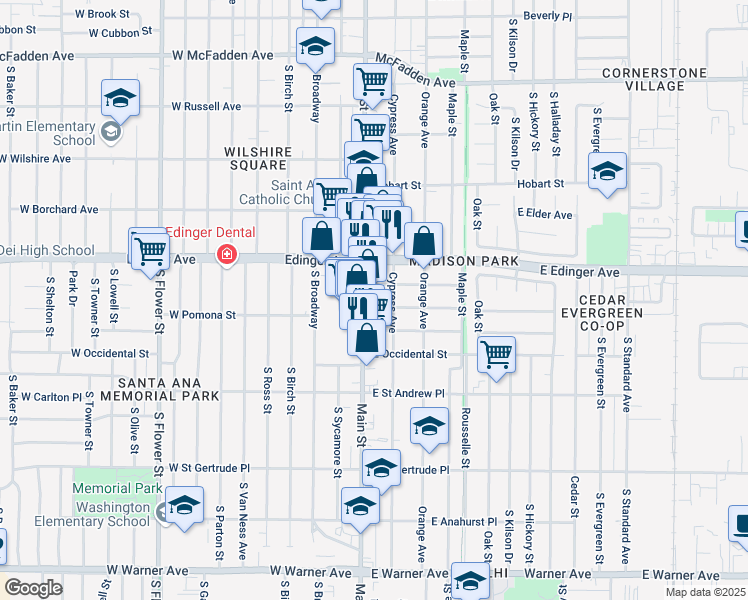 map of restaurants, bars, coffee shops, grocery stores, and more near 105 East Pomona Street in Santa Ana