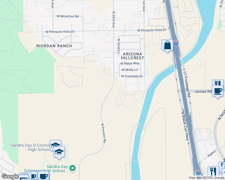 map of restaurants, bars, coffee shops, grocery stores, and more near 3134 West Jomax Road in Phoenix