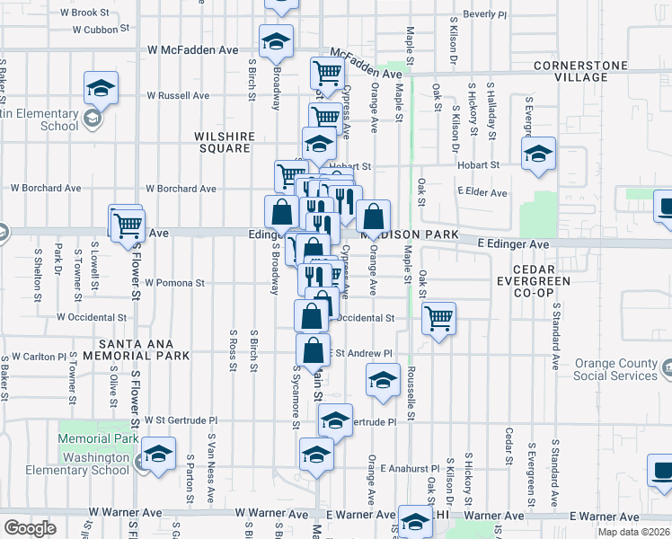 map of restaurants, bars, coffee shops, grocery stores, and more near 118 East Stanford Street in Santa Ana
