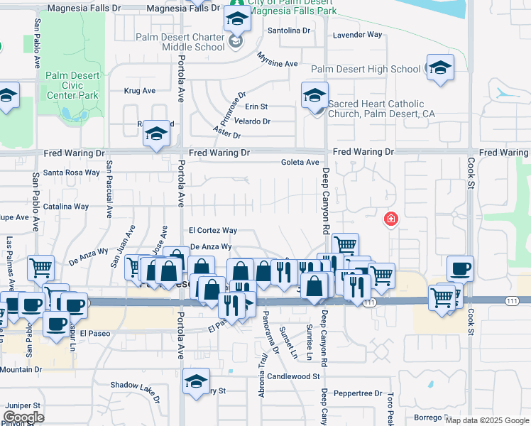 map of restaurants, bars, coffee shops, grocery stores, and more near 44440 Silver Canyon Lane in Palm Desert