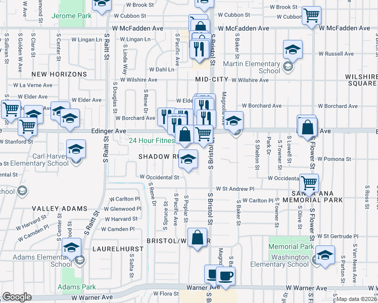 map of restaurants, bars, coffee shops, grocery stores, and more near 1312 West Edinger Avenue in Santa Ana