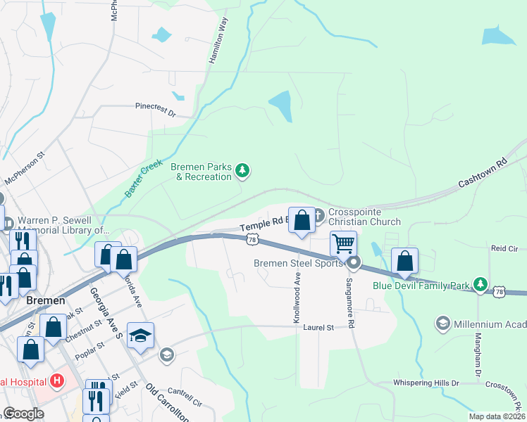 map of restaurants, bars, coffee shops, grocery stores, and more near 824 Liberty Church Road in Bremen