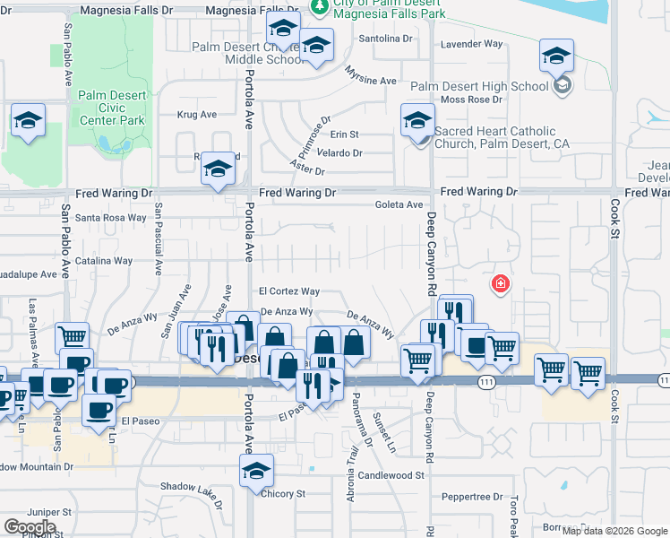 map of restaurants, bars, coffee shops, grocery stores, and more near 74237 Catalina Way in Palm Desert