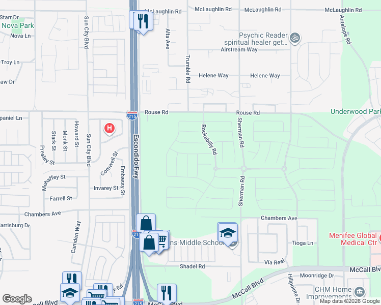 map of restaurants, bars, coffee shops, grocery stores, and more near 27262 Fiddle Lane in Menifee