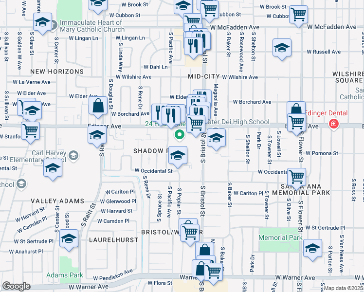 map of restaurants, bars, coffee shops, grocery stores, and more near 1312 West Edinger Avenue in Santa Ana