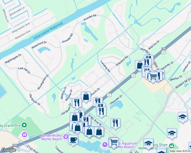 map of restaurants, bars, coffee shops, grocery stores, and more near 2-1 Shorewood Drive in Myrtle Beach