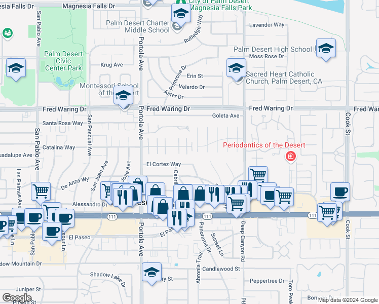 map of restaurants, bars, coffee shops, grocery stores, and more near 74237 Catalina Way in Palm Desert