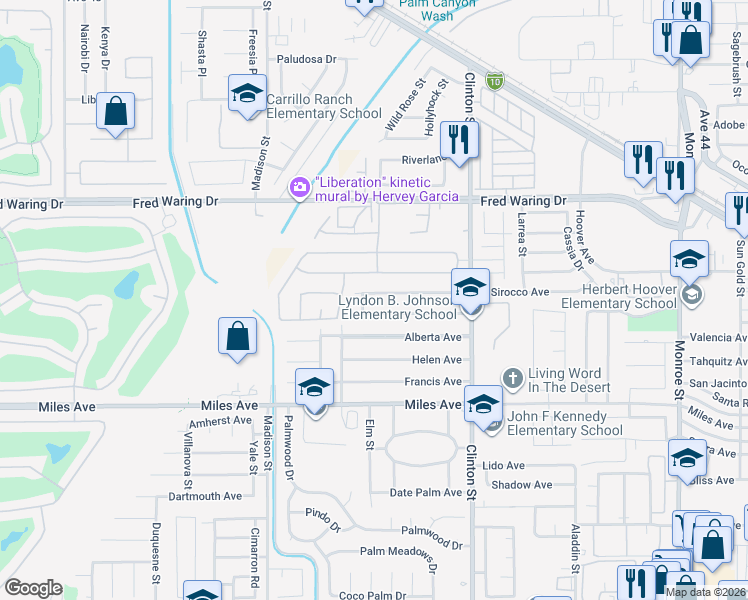 map of restaurants, bars, coffee shops, grocery stores, and more near 81255 Sirocco Avenue in Indio