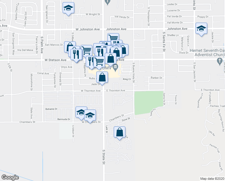 map of restaurants, bars, coffee shops, grocery stores, and more near 204 East Thornton Avenue in Hemet