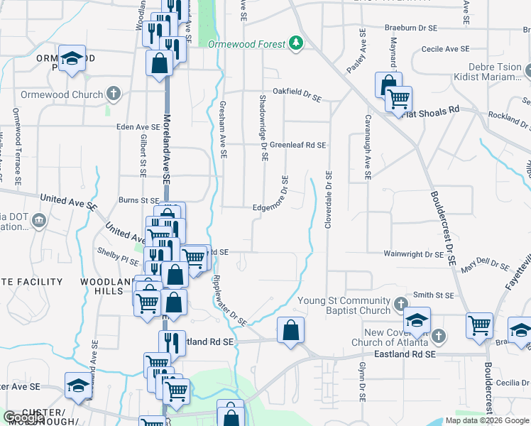 map of restaurants, bars, coffee shops, grocery stores, and more near 2218 Edgemore Drive Southeast in Atlanta