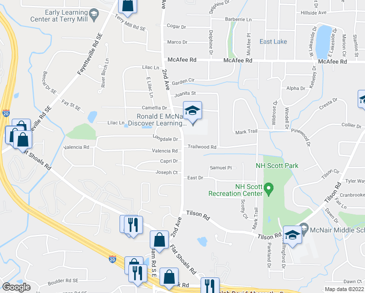 map of restaurants, bars, coffee shops, grocery stores, and more near 2nd Ave & Trailwood Rd in Candler-McAfee