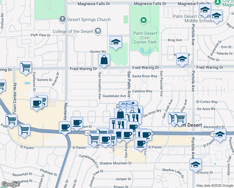 map of restaurants, bars, coffee shops, grocery stores, and more near 73390 Guadalupe Avenue in Palm Desert