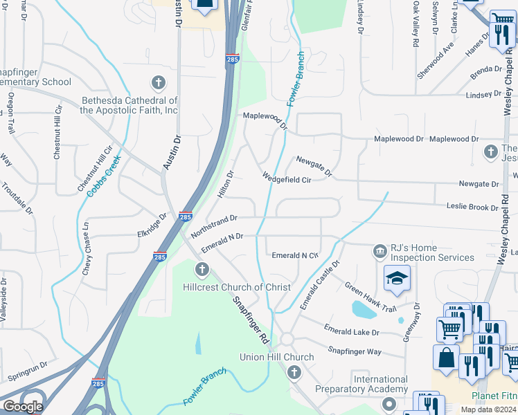 map of restaurants, bars, coffee shops, grocery stores, and more near 3918 Bressler Circle in Decatur