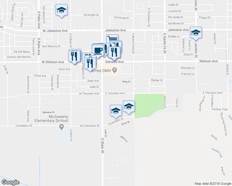 map of restaurants, bars, coffee shops, grocery stores, and more near 276 East Thornton Avenue in Hemet