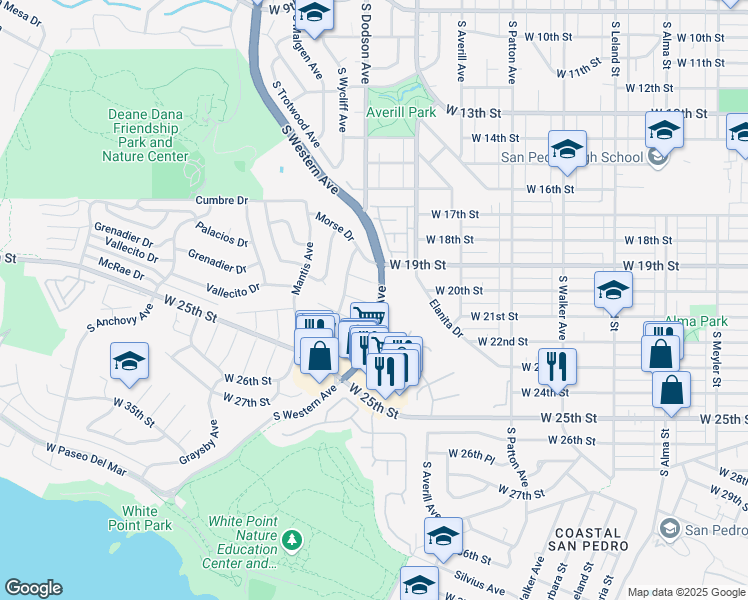 map of restaurants, bars, coffee shops, grocery stores, and more near 1600 West 21st Street in Los Angeles