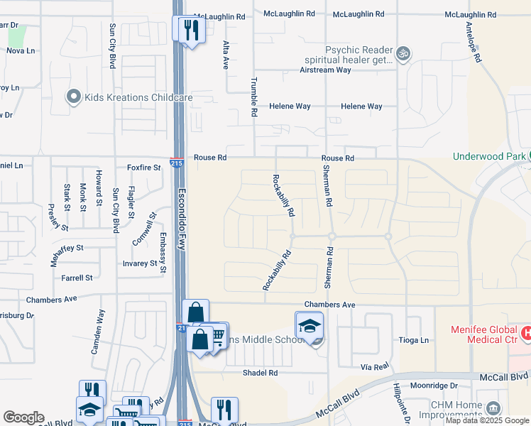 map of restaurants, bars, coffee shops, grocery stores, and more near Fiddle Lane in Menifee