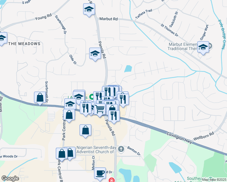 map of restaurants, bars, coffee shops, grocery stores, and more near 5445 Mallard Trail in Lithonia