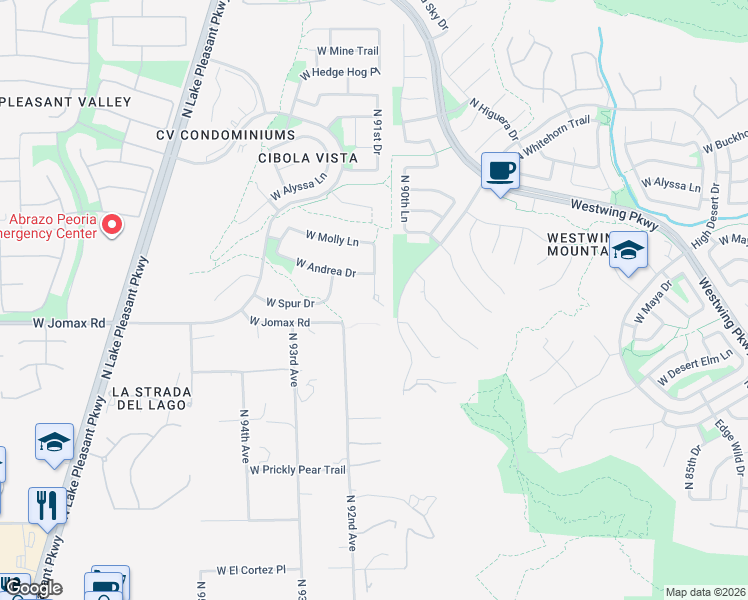 map of restaurants, bars, coffee shops, grocery stores, and more near 22705 North 91st Drive in Peoria
