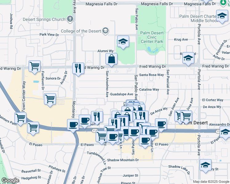 map of restaurants, bars, coffee shops, grocery stores, and more near 73310 Guadalupe Avenue in Palm Desert