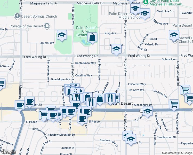 map of restaurants, bars, coffee shops, grocery stores, and more near 73685 Catalina Way in Palm Desert