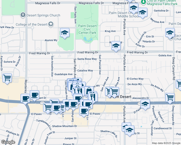 map of restaurants, bars, coffee shops, grocery stores, and more near 73605 Catalina Way in Palm Desert