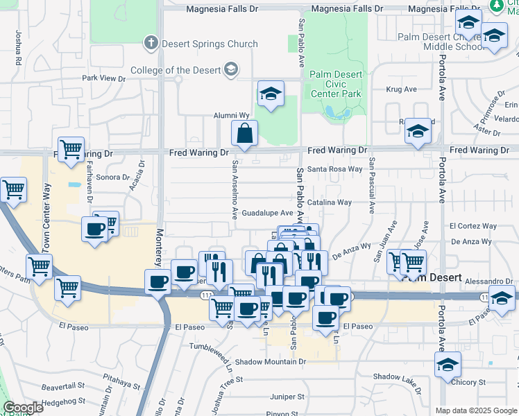 map of restaurants, bars, coffee shops, grocery stores, and more near 73331 Catalina Way in Palm Desert
