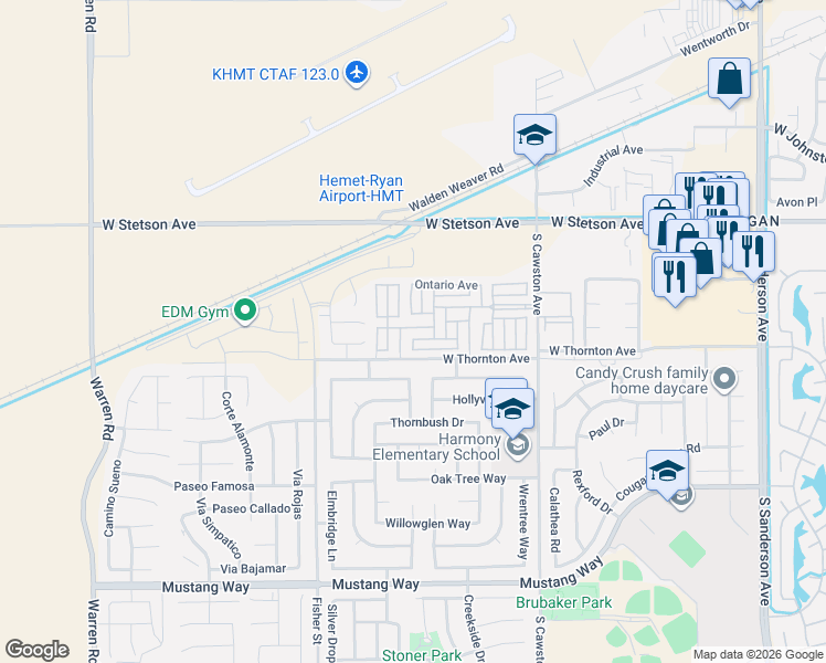 map of restaurants, bars, coffee shops, grocery stores, and more near 1295 South Cawston Avenue in Hemet