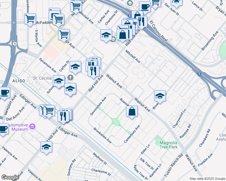 map of restaurants, bars, coffee shops, grocery stores, and more near 1641 Amherst Road in Tustin