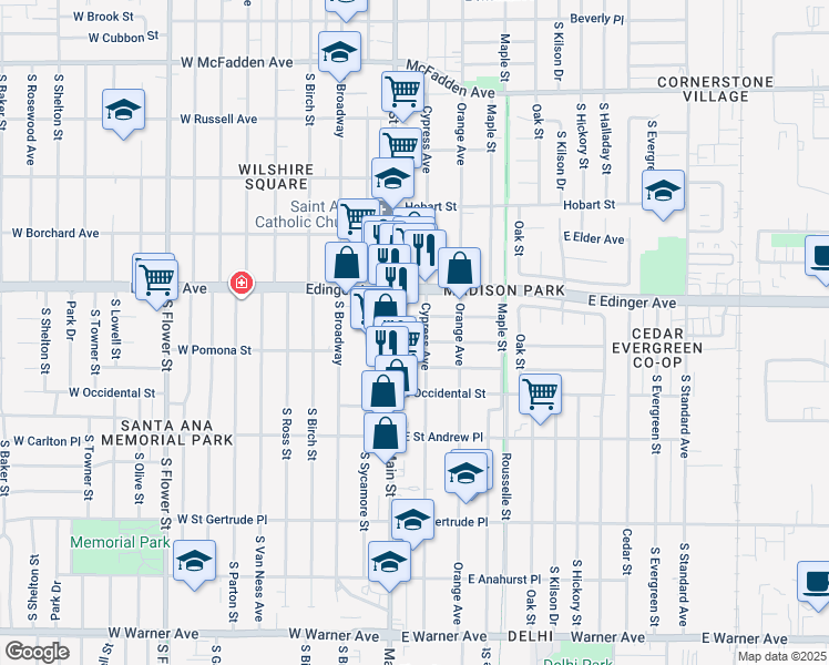 map of restaurants, bars, coffee shops, grocery stores, and more near 118 East Stanford Street in Santa Ana