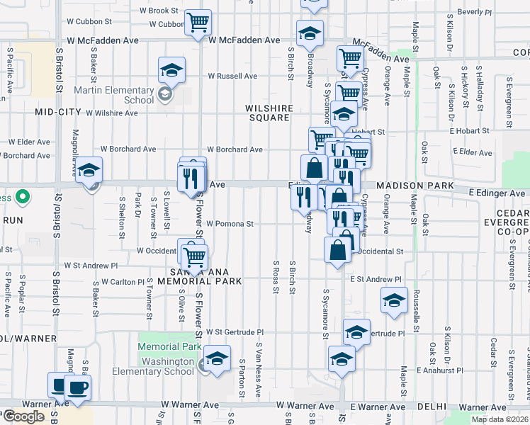 map of restaurants, bars, coffee shops, grocery stores, and more near 1526 South Van Ness Avenue in Santa Ana